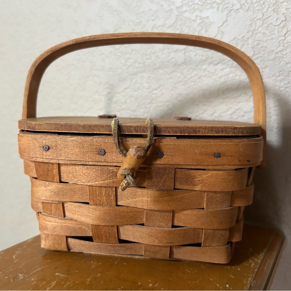 Small Longaberger Woven Wooden Handled Basket with Loop Closure in Warm Brown